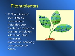 Fitonutrientes
• O “fitoquímicos”,
son miles de
compuestos
naturales que
existen en todas las
plantas, e incluyen
vitaminas, fibra,
minerales,
pigmentos, aceites y
compuestos de
sabor.
 