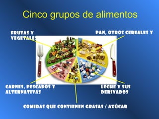 Cinco grupos de alimentos
Frutas y
vegetales
Pan, otros cereales y
papas
Carnes, pescados y
alternativas
Leche y sus
derivados
Comidas que contienen grasas / azúcar
 
