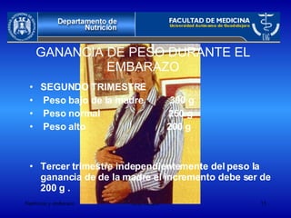 GANANCIA DE PESO DURANTE EL EMBARAZO SEGUNDO TRIMESTRE Peso bajo de la madre  300 g Peso normal  250 g Peso alto  200 g Tercer trimestre independientemente del peso la ganancia de de la madre el incremento debe ser de 200 g . 
