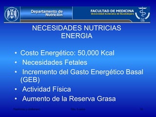 NECESIDADES NUTRICIAS ENERGIA Costo Energético: 50,000 Kcal Necesidades Fetales Incremento del Gasto Energético Basal (GEB) Actividad Física Aumento de la Reserva Grasa 