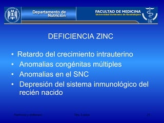 DEFICIENCIA ZINC Retardo del crecimiento intrauterino Anomalias congénitas múltiples Anomalias en el SNC Depresión del sistema inmunológico del  recién nacido 