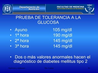PRUEBA DE TOLERANCIA A LA GLUCOSA Ayuno  105 mg/dl 1ª hora  190 mg/dl 2ª hora  145 mg/dl 3ª hora  145 mg/dl Dos o más valores anormales hacen el diagnóstico de diabetes mellitus tipo 2 