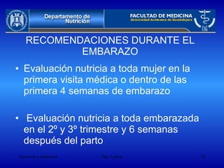 RECOMENDACIONES DURANTE EL EMBARAZO Evaluación nutricia a toda mujer en la primera visita médica o dentro de las primera 4 semanas de embarazo Evaluación nutricia a toda embarazada en el 2º y 3º trimestre y 6 semanas después del parto  