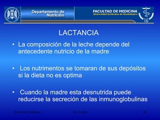 LACTANCIA La composición de la leche depende del antecedente nutricio de la madre Los nutrimentos se tomaran de sus depósitos si la dieta no es optima Cuando la madre esta desnutrida puede reducirse la secreción de las inmunoglobulinas 
