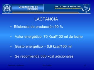 LACTANCIA Eficiencia de producción 90 % Valor energético: 70 Kcal/100 ml de leche Gasto energético = 0.9 kcal/100 ml Se recomienda 500 kcal adicionales 