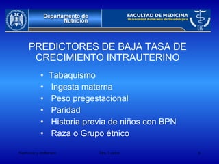 PREDICTORES DE BAJA TASA DE CRECIMIENTO INTRAUTERINO Tabaquismo Ingesta materna Peso pregestacional Paridad Historia previa de niños con BPN Raza o Grupo étnico 