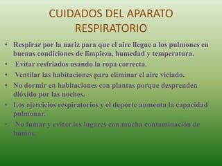 CUIDADOS DEL APARATO
                  RESPIRATORIO
• Respirar por la nariz para que el aire llegue a los pulmones en
  buenas condiciones de limpieza, humedad y temperatura.
• Evitar resfriados usando la ropa correcta.
• Ventilar las habitaciones para eliminar el aire viciado.
• No dormir en habitaciones con plantas porque desprenden
  dióxido por las noches.
• Los ejercicios respiratorios y el deporte aumenta la capacidad
  pulmonar.
• No fumar y evitar los lugares con mucha contaminación de
  humos.
 