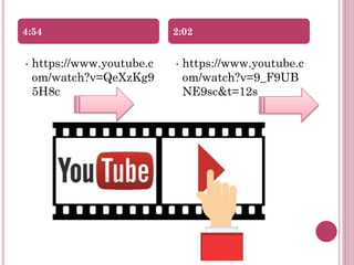 • https://www.youtube.c
om/watch?v=QeXzKg9
5H8c
• https://www.youtube.c
om/watch?v=9_F9UB
NE9sc&t=12s
4:54 2:02
 