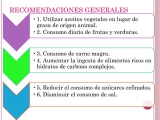 RECOMENDACIONES GENERALES
•1. Utilizar aceites vegetales en lugar de
grasa de origen animal.
•2. Consumo diario de frutas y verduras.
•3. Consumo de carne magra.
•4. Aumentar la ingesta de alimentos ricos en
hidratos de carbono complejos.
•5. Reducir el consumo de azúcares refinados.
•6. Disminuir el consumo de sal.
 