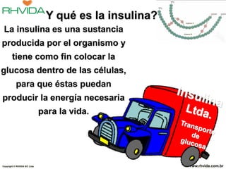 Y qué es la insulina?
 La insulina es una sustancia
producida por el organismo y
        tiene como fin colocar la
glucosa dentro de las células,
           para que éstas puedan
producir la energía necesaria
                               para la vida.




Copyright © RHVIDA S/C Ltda.                            www.rhvida.com.br
 