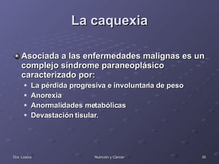 La caquexia Asociada a las enfermedades malignas es un complejo síndrome paraneoplásico caracterizado por: La pérdida progresiva e involuntaria de peso Anorexia  Anormalidades metabólicas  Devastación tisular.  