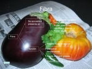 Fibra Fibra Se encuentra presente en Pan integral, cereales integrales, legumbres, frutas y verduras, semillas y nueces, y frutas secas función Desechar desperdicios Regula nivel de azúcar Ayuda a digerir grasas Reduce nivel de colesterol 