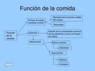 Función de la comida Función de la comida Porque el cuerpo necesita comida ? Nutrición Estudio de la composición química de los alimentos y como el cuerpo los utiliza Malnutrición Sobre nutrición desnutrición Mantener las funciones vitales del cuerpo Motricidad Obesidad Bulimia Anorexia 