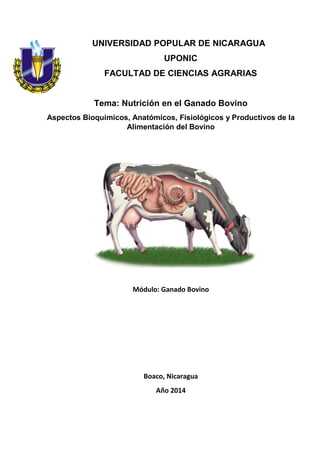 UNIVERSIDAD POPULAR DE NICARAGUA
UPONIC
FACULTAD DE CIENCIAS AGRARIAS
Tema: Nutrición en el Ganado Bovino
Aspectos Bioquímicos, Anatómicos, Fisiológicos y Productivos de la
Alimentación del Bovino
Módulo: Ganado Bovino
Boaco, Nicaragua
Año 2014
 