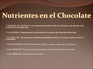 Hidratos de carbono: Los  proporcionan sobre todo los  azúcares , que aportan casi la mitad de la energía total.  Las grasas : Proporcionan la otra mitad de la energía del chocolate elaborado.  La fibra: Se  encuentra en cantidades apreciables tanto en el cacao en polvo como en el insoluble Los minerales: En los Ch ocolates  blancos  aportan  calcio para  los huesos Las proteínas:T ienen un lugar destacado, excepto en el chocolate con leche  Las vitaminas : E l aporte de ácido fólico 