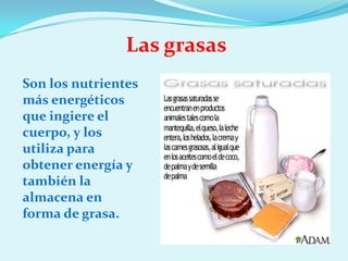 Las grasas
Son los nutrientes
más energéticos
que ingiere el
cuerpo, y los
utiliza para
obtener energía y
también la
almacena en
forma de grasa.
 