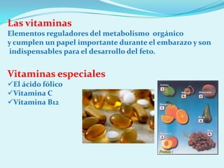 Las vitaminas
Elementos reguladores del metabolismo orgánico
y cumplen un papel importante durante el embarazo y son
indispensables para el desarrollo del feto.


Vitaminas especiales
El ácido fólico
Vitamina C
Vitamina B12
 
