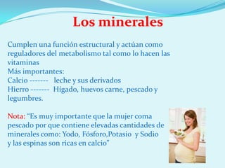 Los minerales
Cumplen una función estructural y actúan como
reguladores del metabolismo tal como lo hacen las
vitaminas
Más importantes:
Calcio ------- leche y sus derivados
Hierro ------- Hígado, huevos carne, pescado y
legumbres.

Nota: “Es muy importante que la mujer coma
pescado por que contiene elevadas cantidades de
minerales como: Yodo, Fósforo,Potasio y Sodio
y las espinas son ricas en calcio”
 