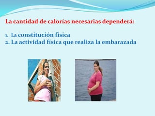 La cantidad de calorías necesarias dependerá:

1. La constitución física
2. La actividad física que realiza la embarazada
 