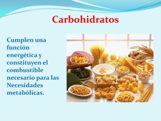 Carbohidratos
Cumplen una
función
energética y
constituyen el
combustible
necesario para las
Necesidades
metabólicas.
 