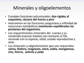 Minerales y oligoelementos
• Cumplen funciones estructurales: dan rigidez al
  esqueleto, cáscara del huevo y pico
• Intervienen en las funciones sanguíneas e infinidad de
  reacciones metabólicas mantienen equilibradas las
  presiones del organismo.
• Los requerimientos minerales del cuerpo y su
  contenido (cenizas totales) son menores al 5%,
  variando con la especie, edad, estado reproductivo y
  sexo.
• Los minerales y oligoelementos que son requeridos:
  calcio, fósforo, magnesio, cloro, sodio, manganeso,
  cinc, hierro, selenio y yodo
 