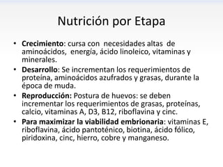 Nutrición por Etapa
• Crecimiento: cursa con necesidades altas de
  aminoácidos, energía, ácido linoleico, vitaminas y
  minerales.
• Desarrollo: Se incrementan los requerimientos de
  proteína, aminoácidos azufrados y grasas, durante la
  época de muda.
• Reproducción: Postura de huevos: se deben
  incrementar los requerimientos de grasas, proteínas,
  calcio, vitaminas A, D3, B12, riboflavina y cinc.
• Para maximizar la viabilidad embrionaria: vitaminas E,
  riboflavina, ácido pantoténico, biotina, ácido fólico,
  piridoxina, cinc, hierro, cobre y manganeso.
 