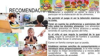 RECOMENDACIONES
Estimularles a colaborar en poner la mesa y en
participar en la elaboración de los alimentos.
No permitir el juego ni ver la televisión mientras
se come.
Tener en cuenta las preferencias y aversiones del
niño sobre los distintos alimentos. Los alimentos
se deben presentar en forma atractiva y variada,
teniendo en cuenta los gustos del niño.
Es el niño el que regula la cantidad de lo que
come, según la sensación de hambre o saciedad.
No se le debe forzar ni amenazar.
Comer en familia siempre que se pueda.
Establecer normas sencillas de comportamiento e
introducir otras progresivamente. Si el niño rompe
las reglas es mejor recordárselas y si insiste debe
suspenderse la comida sin gritos ni
manifestaciones de ansiedad.
 