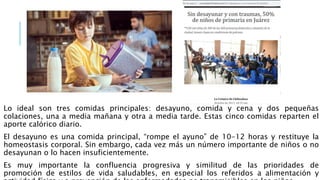 Lo ideal son tres comidas principales: desayuno, comida y cena y dos pequeñas
colaciones, una a media mañana y otra a media tarde. Estas cinco comidas reparten el
aporte calórico diario.
El desayuno es una comida principal, “rompe el ayuno” de 10-12 horas y restituye la
homeostasis corporal. Sin embargo, cada vez más un número importante de niños o no
desayunan o lo hacen insuficientemente.
Es muy importante la confluencia progresiva y similitud de las prioridades de
promoción de estilos de vida saludables, en especial los referidos a alimentación y
 