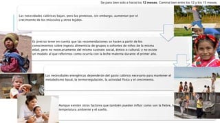 Las necesidades calóricas bajan, pero las proteicas, sin embargo, aumentan por el
crecimiento de los músculos y otros tejidos.
Es preciso tener en cuenta que las recomendaciones se hacen a partir de los
conocimientos sobre ingesta alimenticia de grupos o cohortes de niños de la misma
edad, pero no necesariamente del mismo sustrato social, étnico o cultural, y no existe
un modelo al que referirnos como ocurría con la leche materna durante el primer año.
Las necesidades energéticas dependerán del gasto calórico necesario para mantener el
metabolismo basal, la termorregulación, la actividad física y el crecimiento.
Aunque existen otros factores que también pueden influir como son la fiebre, la
temperatura ambiente y el sueño.
Se para bien solo a hacia los 12 meses. Camina bien entre los 12 y los 15 meses.
 