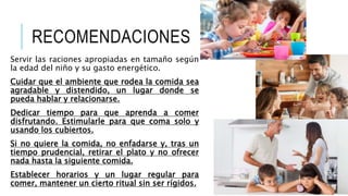 RECOMENDACIONES
Servir las raciones apropiadas en tamaño según
la edad del niño y su gasto energético.
Cuidar que el ambiente que rodea la comida sea
agradable y distendido, un lugar donde se
pueda hablar y relacionarse.
Dedicar tiempo para que aprenda a comer
disfrutando. Estimularle para que coma solo y
usando los cubiertos.
Si no quiere la comida, no enfadarse y, tras un
tiempo prudencial, retirar el plato y no ofrecer
nada hasta la siguiente comida.
Establecer horarios y un lugar regular para
comer, mantener un cierto ritual sin ser rígidos.
 