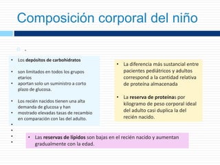 Composición corporal del niño
 .
• Los depósitos de carbohidratos
• son limitados en todos los grupos
etarios
• aportan solo un suministro a corto
plazo de glucosa.
• Los recién nacidos tienen una alta
demanda de glucosa y han
• mostrado elevadas tasas de recambio
en comparación con las del adulto.
•
•
•
•
• La diferencia más sustancial entre
pacientes pediátricos y adultos
correspond a la cantidad relativa
de proteína almacenada
• La reserva de proteínas por
kilogramo de peso corporal ideal
del adulto casi duplica la del
recién nacido.
• Las reservas de lípidos son bajas en el recién nacido y aumentan
gradualmente con la edad.
 