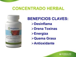 CONCENTRADO HERBAL

     BENEFICIOS CLAVES:
      Desinflama
      Drena Toxinas
      Energiza
      Quema Grasa
      Antioxidante
 