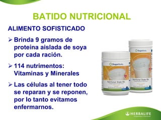 BATIDO NUTRICIONAL
ALIMENTO SOFISTICADO
 Brinda 9 gramos de
  proteína aislada de soya
  por cada ración.
 114 nutrimentos:
  Vitaminas y Minerales
 Las células al tener todo
  se reparan y se reponen,
  por lo tanto evitamos
  enfermarnos.
 