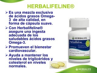 HERBALIFELINE®
 Es una mezcla exclusiva
  de ácidos grasos Omega-
  3 de alta calidad, en
  forma de cápsula suave.
 Con Herbalifeline®
  asegure una ingesta
  adecuada de los
  saludables ácidos grasos
  Omega-3.
 Promueven el bienestar
  cardiovascular.
 Ayuda a mantener los
  niveles de triglicéridos y
  colesterol en niveles
  normales.
 