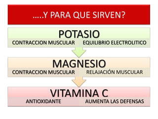 …..Y PARA QUE SIRVEN?
VITAMINA C
ANTIOXIDANTE AUMENTA LAS DEFENSAS
MAGNESIO
CONTRACCION MUSCULAR RELAJACIÓN MUSCULAR
POTASIO
CONTRACCION MUSCULAR EQUILIBRIO ELECTROLITICO
 