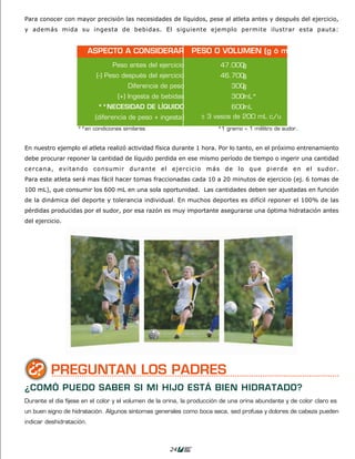 Para conocer con mayor precisión las necesidades de líquidos, pese al atleta antes y después del ejercicio,
           y además mida su ingesta de bebidas. El siguiente ejemplo permite ilustrar esta pauta:


                                     ASPECTO A CONSIDERAR PESO O VOLUMEN (g ó mL)
                                           Peso antes del ejercicio                47.000g
                                      (-) Peso después del ejercicio               46.700g
                                                 Diferencia de peso                    300g
                                             (+) Ingesta de bebidas                    300mL*
                                       **NECESIDAD DE LÍQUIDO                          600mL
                                      (diferencia de peso + ingesta)        ± 3 vasos de 200 mL c/u
                              **en condiciones similares                          *1 gramo ≈ 1 mililitro de sudor.


           En nuestro ejemplo el atleta realizó actividad física durante 1 hora. Por lo tanto, en el próximo entrenamiento
           debe procurar reponer la cantidad de líquido perdida en ese mismo período de tiempo o ingerir una cantidad
           cercana, evitando consumir durante el ejercicio más de lo que pierde en el sudor.
           Para este atleta será mas fácil hacer tomas fraccionadas cada 10 a 20 minutos de ejercicio (ej. 6 tomas de
           100 mL), que consumir los 600 mL en una sola oportunidad. Las cantidades deben ser ajustadas en función
           de la dinámica del deporte y tolerancia individual. En muchos deportes es difícil reponer el 100% de las
           pérdidas producidas por el sudor, por esa razón es muy importante asegurarse una óptima hidratación antes
           del ejercicio.




                     PREGUNTAN LOS PADRES
           ¿COMÓ PUEDO SABER SI MI HIJO ESTÁ BIEN HIDRATADO?
 próxima
           Durante el día fíjese en el color y el volumen de la orina, la producción de una orina abundante y de color claro es
quido.     un buen signo de hidratación. Algunos síntomas generales como boca seca, sed profusa y dolores de cabeza pueden
           indicar deshidratación.



                                                                24
 