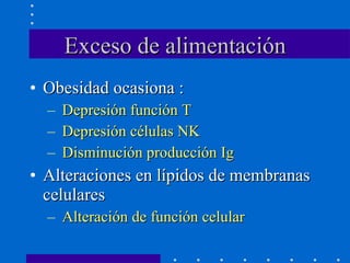 Exceso de alimentación Obesidad ocasiona : Depresión función T Depresión células NK Disminución producción Ig Alteraciones en lípidos de membranas celulares Alteración de función celular 