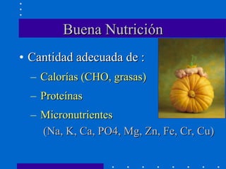 Buena Nutrición Cantidad adecuada de : Calorías (CHO, grasas) Proteínas Micronutrientes  (Na, K, Ca, PO4, Mg, Zn, Fe, Cr, Cu) 