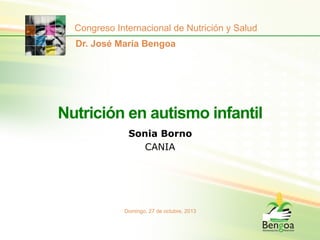 Nutrición en autismo infantil
Sonia Borno
CANIA
Congreso Internacional de Nutrición y Salud
Dr. José María Bengoa
Domingo, 27 de octubre, 2013
 