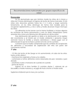 3



    Recomendaciones nutricionales por grupos específicos de
                           edad

Preescolar
       Se ha demostrado que por término medio las niñas de 6 meses y
niños de 9 meses disminuyen el ingreso de leche de forma marcada. En las
niñas este descenso persiste hasta los 2 ó 3 años y luego aumenta
lentamente, en los niños disminuye de forma más notable pero lo
recuperan rápidamente y, a los 2 años y medio alcanzan mayor nivel que
las niñas.
       Los alimentos no los toman con la misma facilidad, e incluso algunos
los rechazan de forma permanente y esto no debe interpretarse como
anorexia sino como una disminución del apetito en dicha edad.
       Esta disminución del apetito se debe a la disminución en la rapidez
del crecimiento y al interés por el medio ambiente ( presenta mayor
atención hacia la familia y enseres domésticos ). Desea jugar con el
alimento por lo que lo rechaza cuando se le da con la cuchara.
       Conviene que la madre comprenda que los cambios de aceptación
de alimentos y necesidad de exploración del niño son parte del
crecimiento normal.
1º año

- 1/2 litro de leche al día (luego se irá aumentando, al cabo de los años,
hasta un litro diario )
- machacar los vegetales y frutas y no colarlos.
- comenzará a tomar alimentos como rebanadas de pan, tostadas o pan
dorado.
- zanahoria cruda o manzana de cuando en cuando.
- yema de huevo.
       Ingreso en el ritmo familiar (3 comidas diarias ), además de un
bocadillo a media mañana y, un jugo de fruta o leche a media tarde.

Suplantar el biberón por la taza y la cuchara.




2º año
 