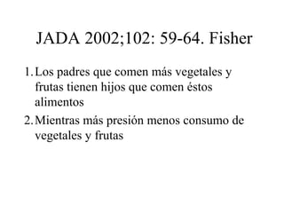  JADA 2002;102: 59-64. Fisher Los padres que comen más vegetales y frutas tienen hijos que comen éstos alimentos Mientras más presión menos consumo de vegetales y frutas 