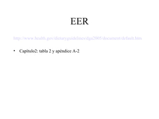 EER http://www.health.gov/dietaryguidelines/dga2005/document/default.htm Capítulo2: tabla 2 y apéndice A-2 