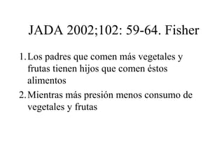   JADA 2002;102: 59-64. Fisher <ul><li>Los padres que comen más vegetales y frutas tienen hijos que comen éstos alimentos ...