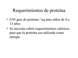 Requerimientos de proteína <ul><li>0.95 gms de proteína / kg para niños de 4 a 13 años </li></ul><ul><li>Se necesita cubri...