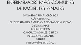 ENFERMEDADES MÁS COMUNES
DE PACIENTES RENALES
ENFERMEDAD RENAL CRÓNICA
CÁNCER RENAL
QUISTES RENALES SIMPLES O ASOCIADOS A OTRAS
ENFERMEDADES
POLIQUÍSTICOS
CÁLCULOS RENALES O LITOS
INFECCIONES RENALES
NEFRITIS
NEFROPATÍAS DIABÉTICA
 