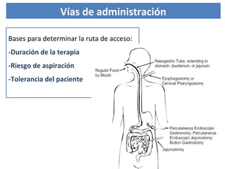 Bases para determinar la ruta de acceso:
-Duración de la terapia
-Riesgo de aspiración
-Tolerancia del paciente
Vías de administración
 