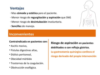 Ventajas
- Mas cómoda y estética para el paciente.
- Menor riesgo de regurgitación y aspiración que SNG
- Menor riesgo de desintubación involuntaria.
- Sencillez de manejo.
Contraindicada en pacientes con:
• Ascitis masiva,
• Fístulas digestivas altas,
• Diálisis peritoneal,
• Obesidad mórbida
• Trastornos de la coagulación.
• Obstrucción esofágica.
Inconvenientes
Riesgo de aspiración en pacientes
debilitados o con reflujo gástrico.
La gastrostomía quirúrgica conlleva el
riesgo derivado del propia intervención
 