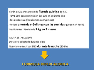 Varón de 21 años afecto de fibrosis quística de RN.
-FEV1 58% con disminución del 10% en el último año
-Tos productiva (Pseudomona aeruginosa)
-Refiere anorexia y ↑disnea con las comidas que se han hecho
insuficientes. Pérdida de 7 kg en 2 meses
PAUTA ESTABLECIDA:
Dieta oral adaptada durante el día
Nutrición enteral por SNG durante la noche (20-8h)
FORMULA HIPERCALORICAFORMULA HIPERCALORICA
 