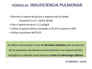 FÓRMULAS INSUFICIENCIA PULMONAR
• Disminuir el aporte de glucosa a expensas de los lípidos
(Cociente G:L ≤1 ≈ 50:50, 40:60).
• Fijar el aporte de AA en 1-1,5 g/kg/d
• Limitar el aporte calórico alrededor al 10-15 % superior al GER
• Utilizar emulsiones MCT/LCT.
Se deben recomendar el uso de fórmulas estándar para la mayoría
de los pacientes ajustándose estrictamente a sus requerimientos
energéticos cuidando especialmente evitar la sobrecarga calórica.
Se deben recomendar el uso de fórmulas estándar para la mayoría
de los pacientes ajustándose estrictamente a sus requerimientos
energéticos cuidando especialmente evitar la sobrecarga calórica.
EVIDENCIA nivel B
 