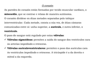 O corazón
As paredes do corazón están formadas por tecido muscular cardíaco, o
miocardio, que se contrae e relaxa de maneira autónoma.
O corazón divídese en dúas metades separadas polo tabique
interventricular. Cada metade, consta a súa vez, de dúas cámaras
comunicadas entre si: unha superior, a auricula, e outra inferior, o
ventrículo.
O paso do sangue está regulado por estas válvulas:
 Válvulas sigmoideas: permiten a saída do sangue dos ventrículos cara
ás arterias impedindo o retroceso.
 Válvulas auriculoventriculares: permiten o paso das aurículas cara
ós ventrículos impedindo o retroceso. A tricúspide é a da dereita e
mitral a da esquerda.
 